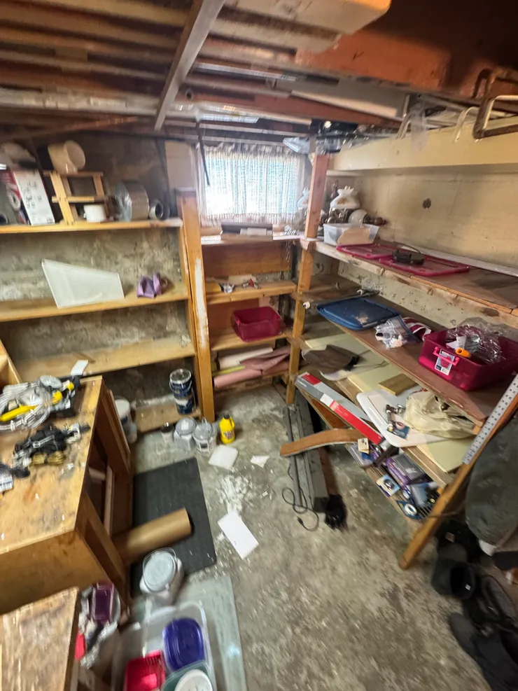 Basement shelves and items before cleanout